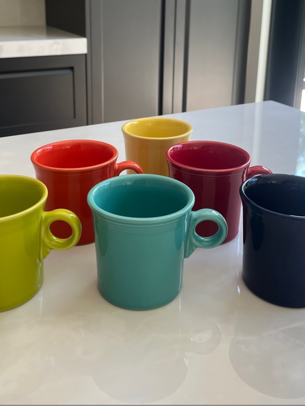 6 Fiesta Mugs, Lead Free, Art Deco, Embossed, Flawless. 6 Fiestaware Mugs.
